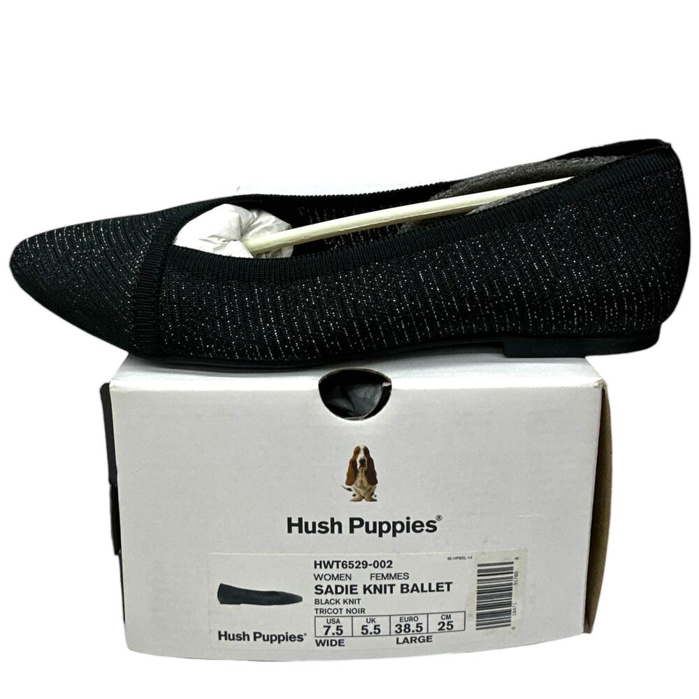 Hush Puppies Black Metallic Silver Sadie Ballet Flats  7.5 Wide Point Toe